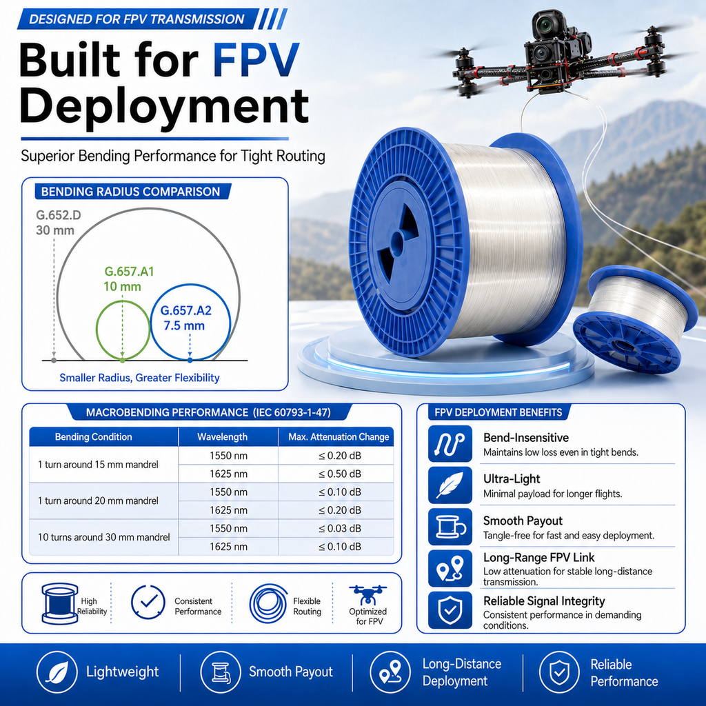 FPV Drone Fiber Optic Cable G657A2 Bare Fiber Reel 0.27mm Single Mode Optical Fiber for Long Distance Transmission