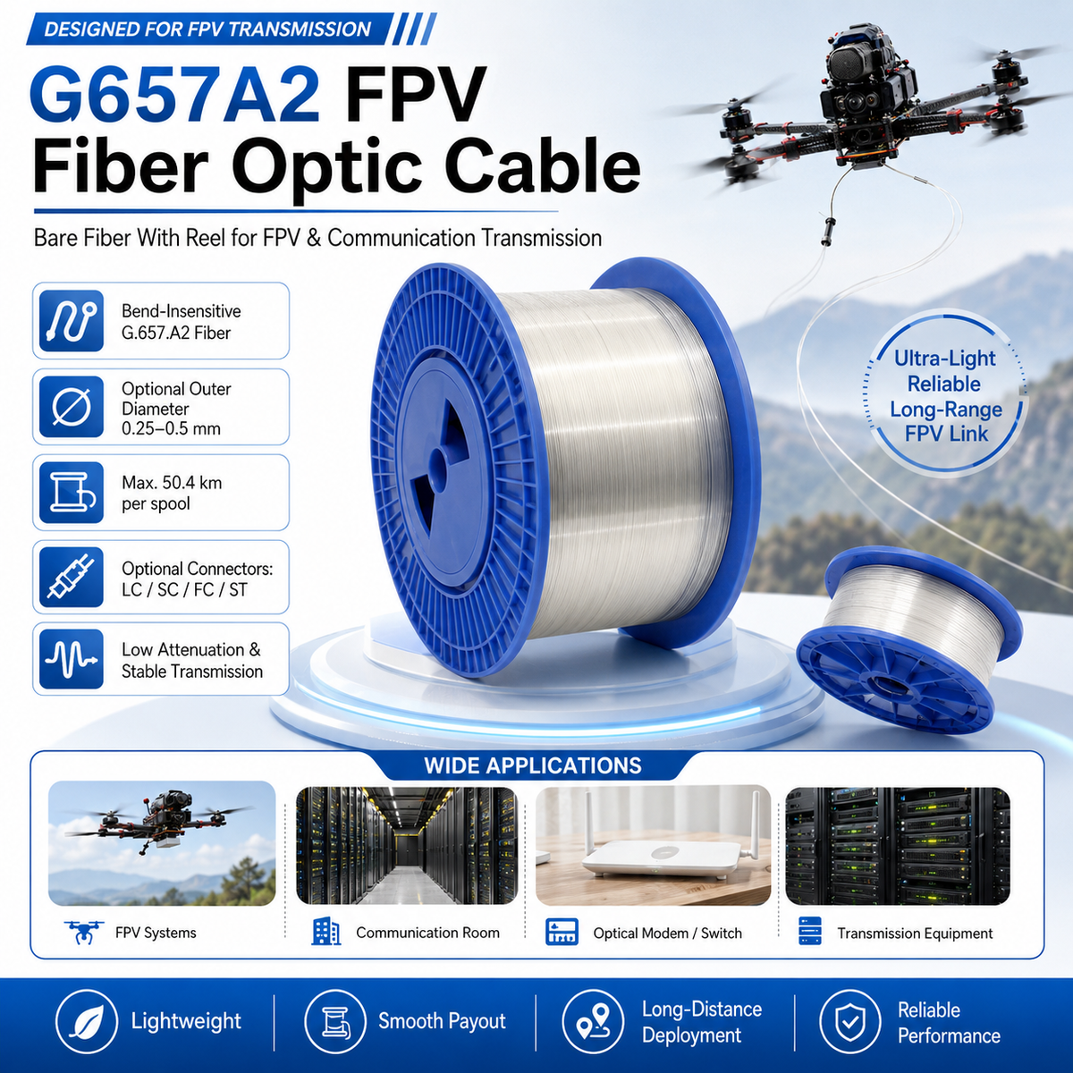 FPV Drone Fiber Optic Cable G657A2 Bare Fiber Reel 0.27mm Single Mode Optical Fiber for Long Distance Transmission